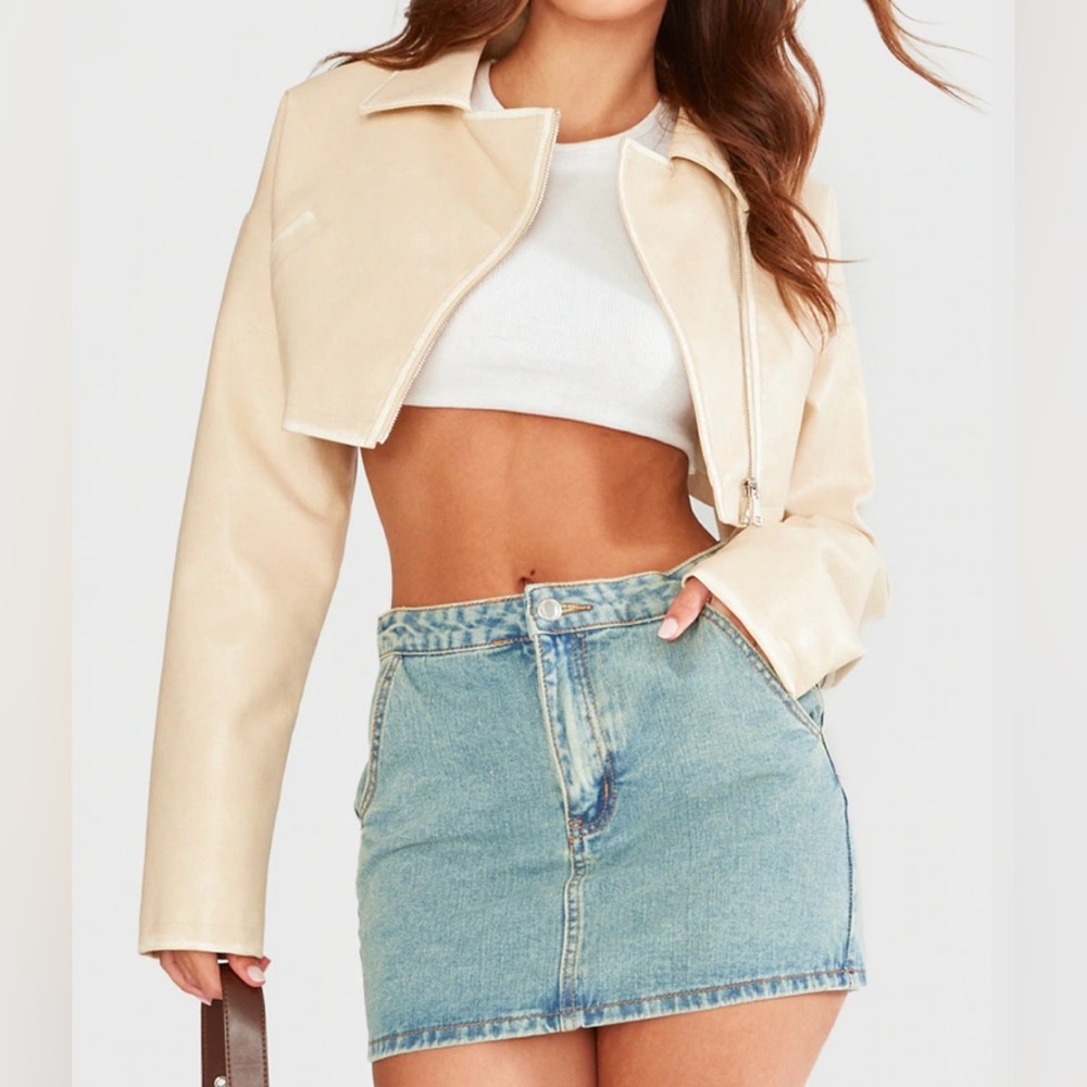 Faux Weathered Leather biker crop jacket Tan Size 8 NWT
